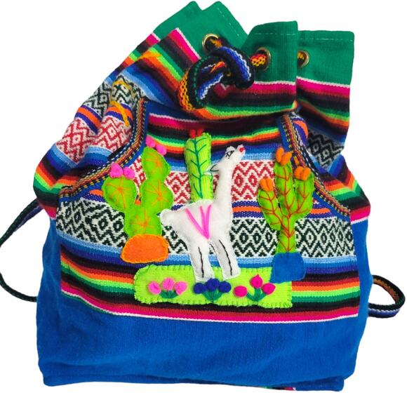 Arpilleras Backpack Blue Woven Blanket Peru Alpaca Folk Art Patchwork Burlap - Picture 1 of 13
